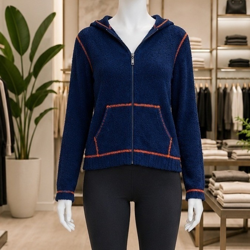 Kashwere Womens Hoodie Navy Blue Contrast Stitch Soft Chenille Zip Up Small
